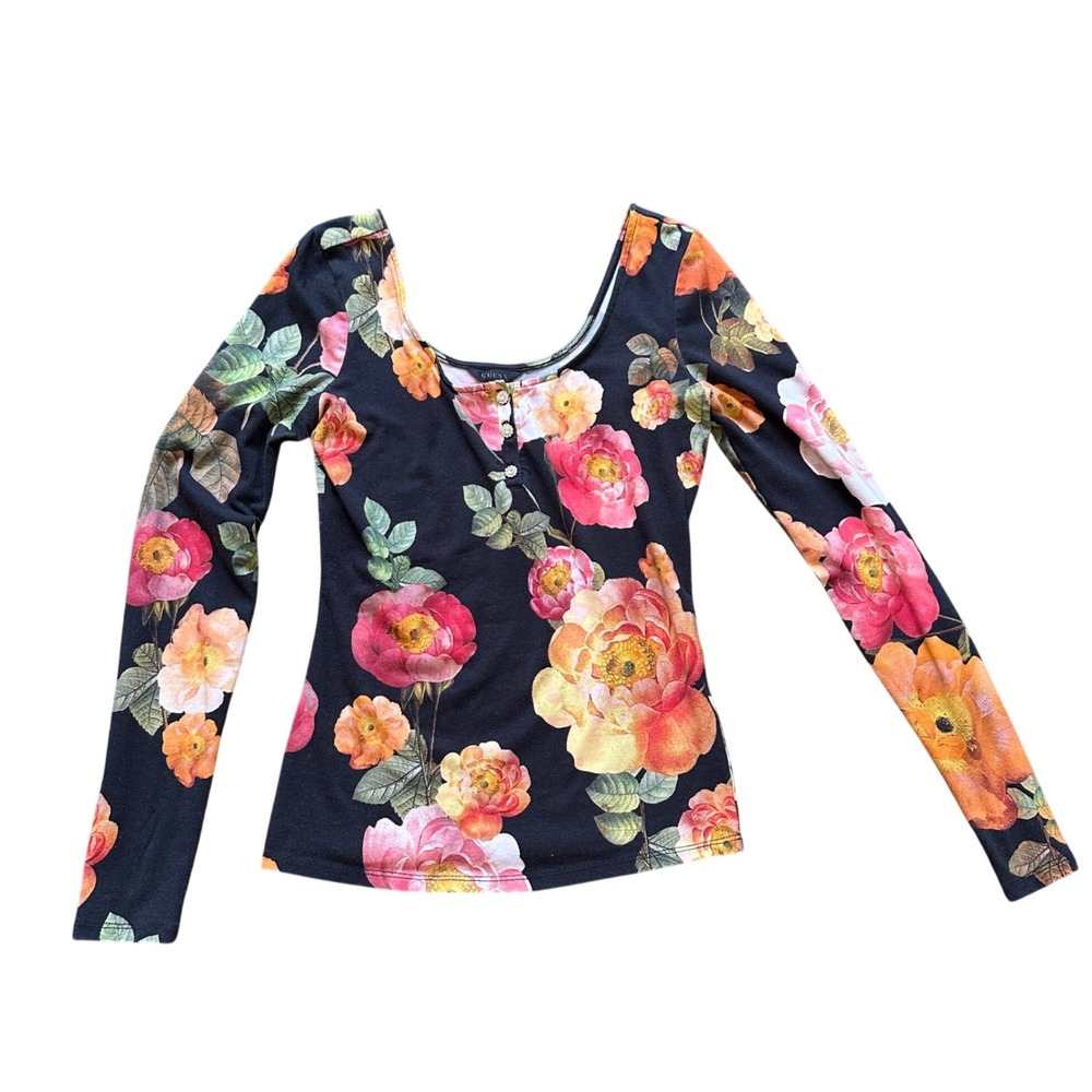 Guess Womens XS Black Floral Long Sleeve Top Rhinestone Button Scoop Neck